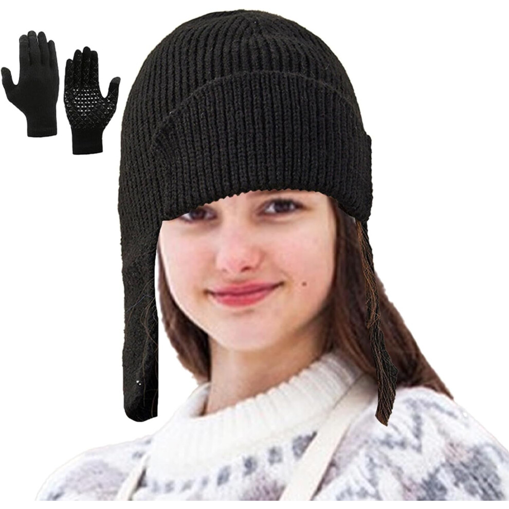 (Black) Winter Hat and Gloves Set for Women - Elastic Women Knit Hats Women Winter Gloves - Women Snow Gloves Comfortable Knit Beanie Hats for Outdoor Activit