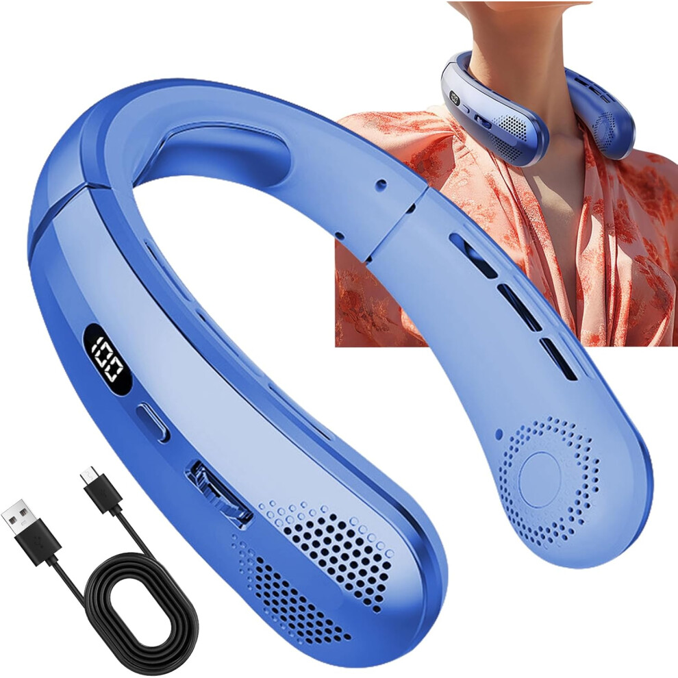 (Blue) Bladeless Neck Fan - Personal Quiet Bladeless Travel Fan Neck | Wearable Cooler With 5 Wind Speeds And Led Display, Sport Neckband For Camping Blue