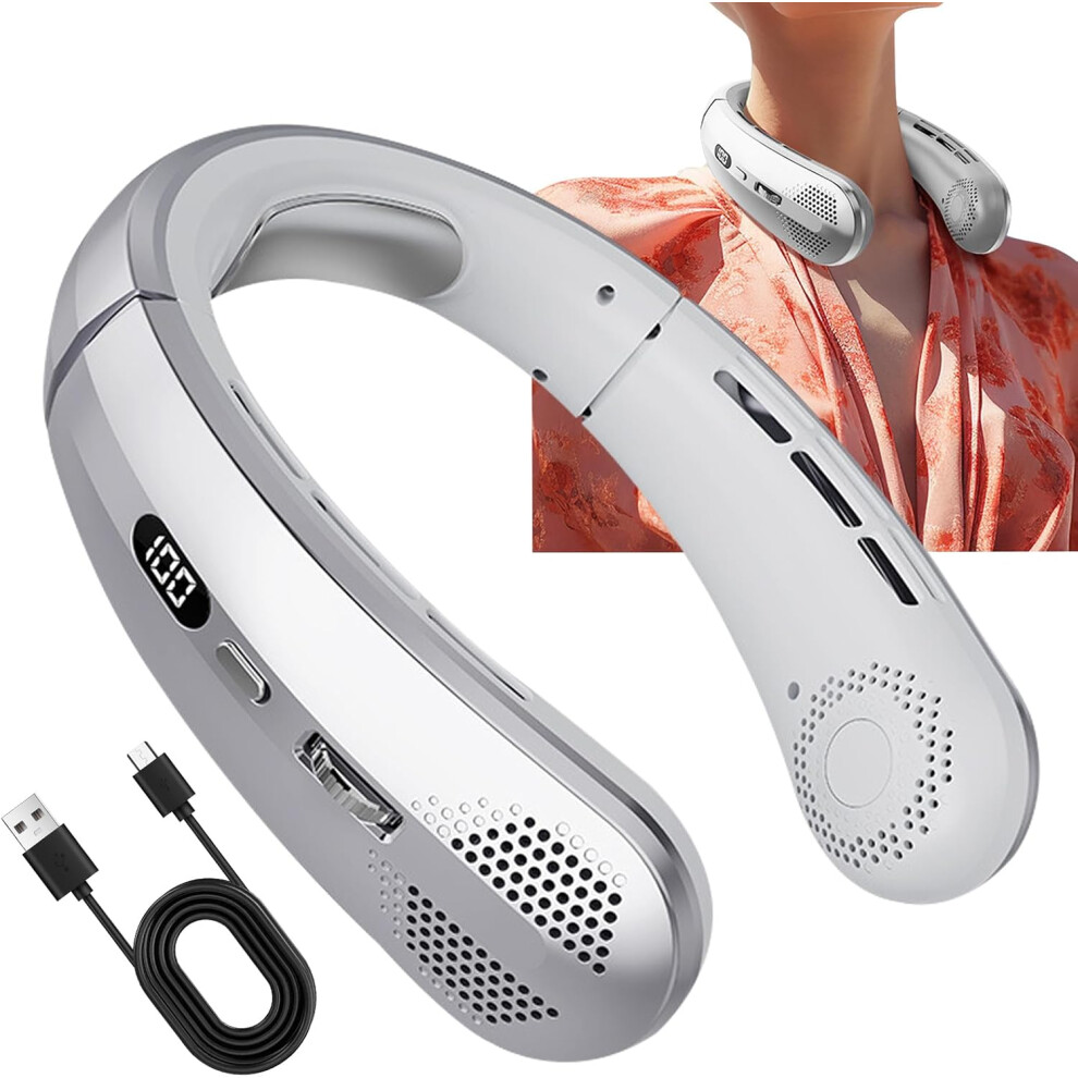 (Silver) Bladeless Neck Fan - Personal Quiet Bladeless Travel Fan Neck | Wearable Cooler With 5 Wind Speeds And Led Display, Sport Neckband For Campin Silver