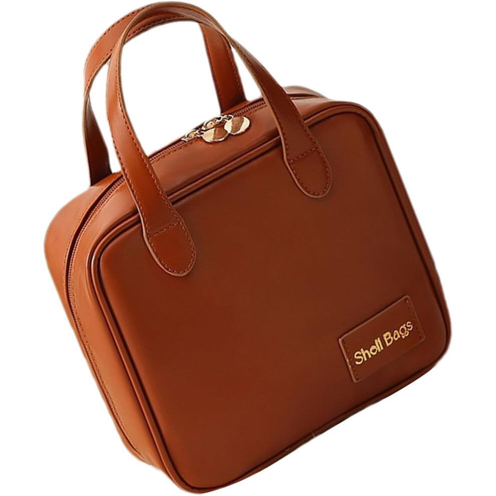 (Brown) Cosmetic Travel Bags for Women | PU Leather Wide-Open Large Capacity Tote Organizer | Travel Toiletries Pouch, Cosmetic Organizer for Outdoor