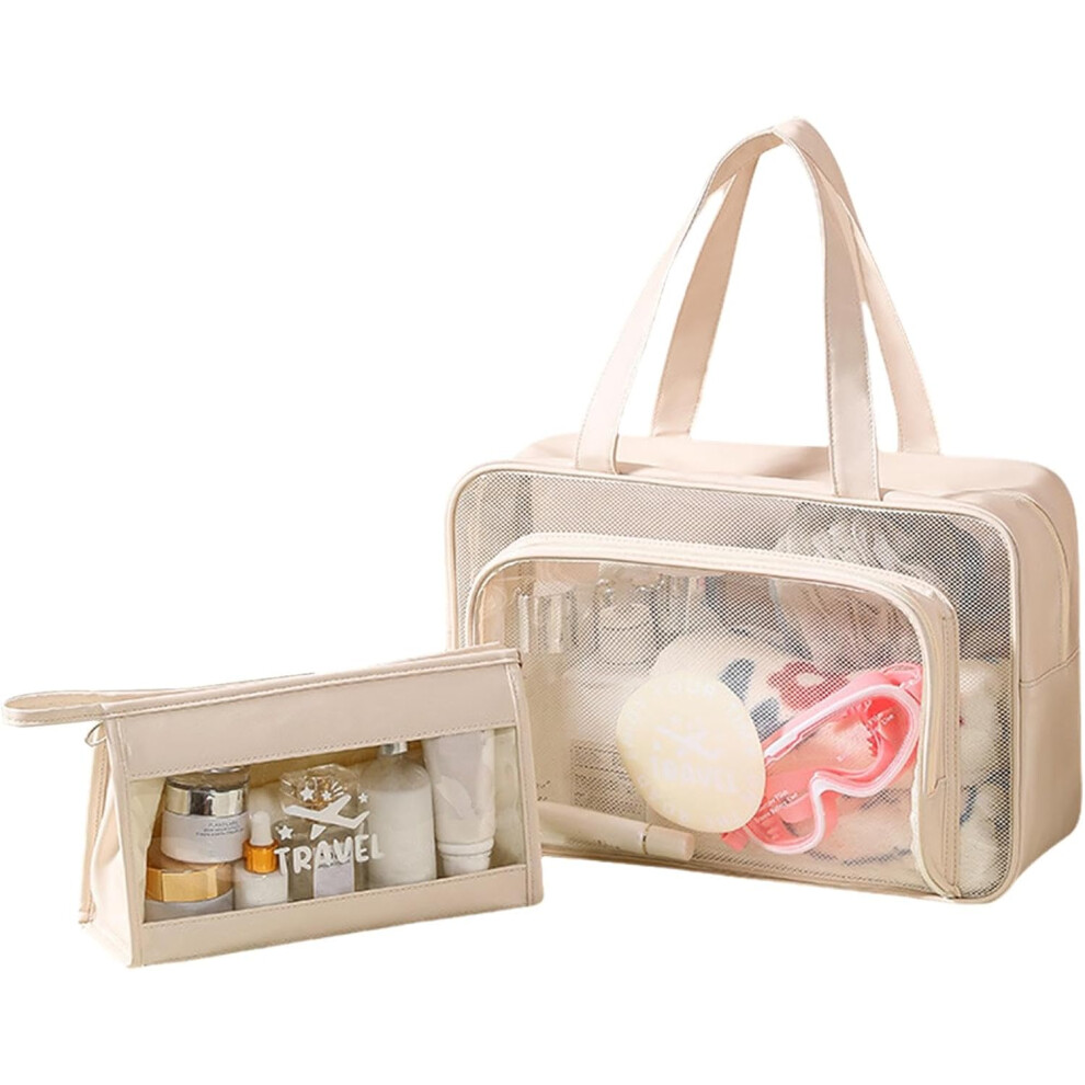 (Beige) Clear Toiletry Bag - Wet/Dry Separation PVC Makeup Bags | Portable Toiletry Cosmetic Bags, Transparent Travel Makeup Cosmetic Bag, Clear Makeup