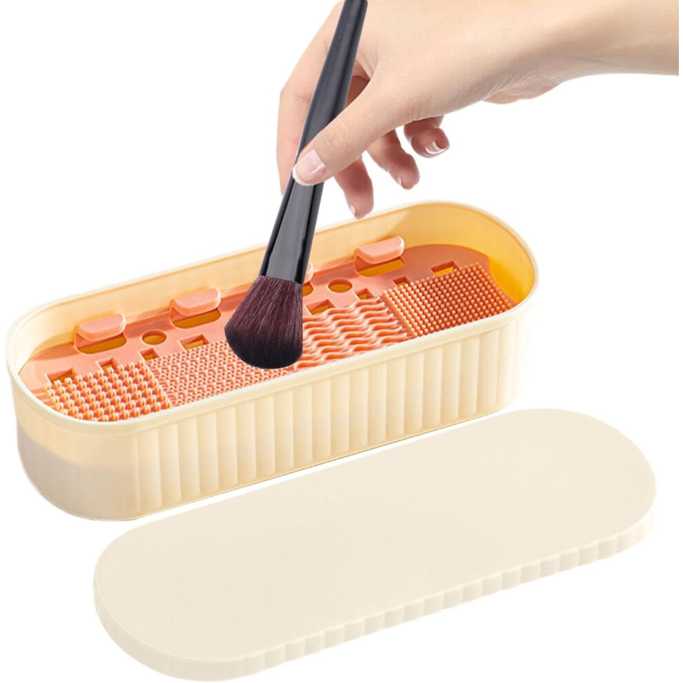 (Third Generation Milky Apricot Color) Makeup Brush Cleaning Container - Cleaning Mat Brushes Organizer with Drying Holder | Portable Dustproof Cleani