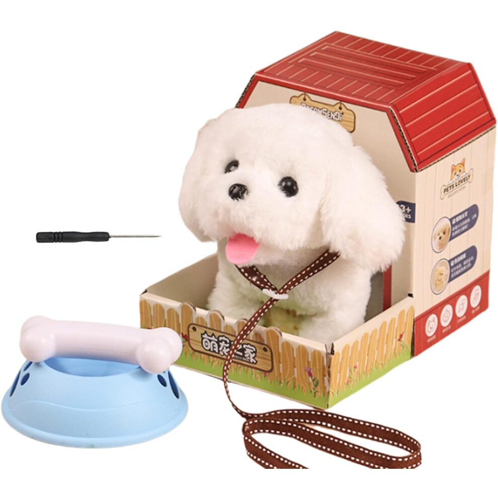 (Bichon) Walking Toy Dog - Barking Plush Electronic Pet,Electronic Interactive Animals Dog with Rope Walking Barking Tail Wagging for Children
