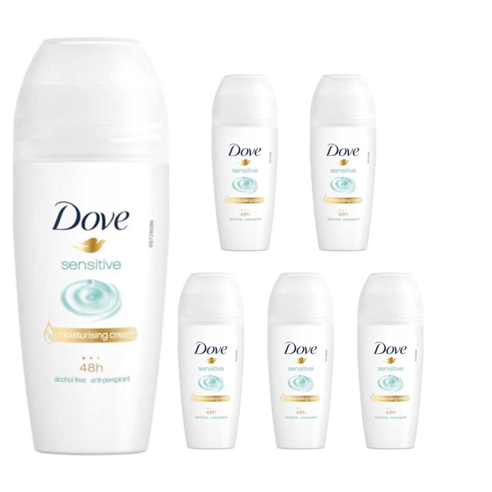 6 x 50ml Dove Sensitive Roll-On Deodorant - 48h Antiperspirant, Alcohol-Free