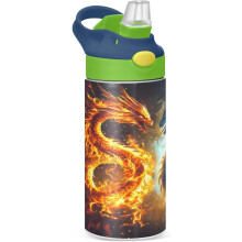 Ice and Fire Dragon Kinder-Wasserflaschen mit Deckel, Strohhalm, isolierte Edelstahl-Wasserflaschen, doppelwandig