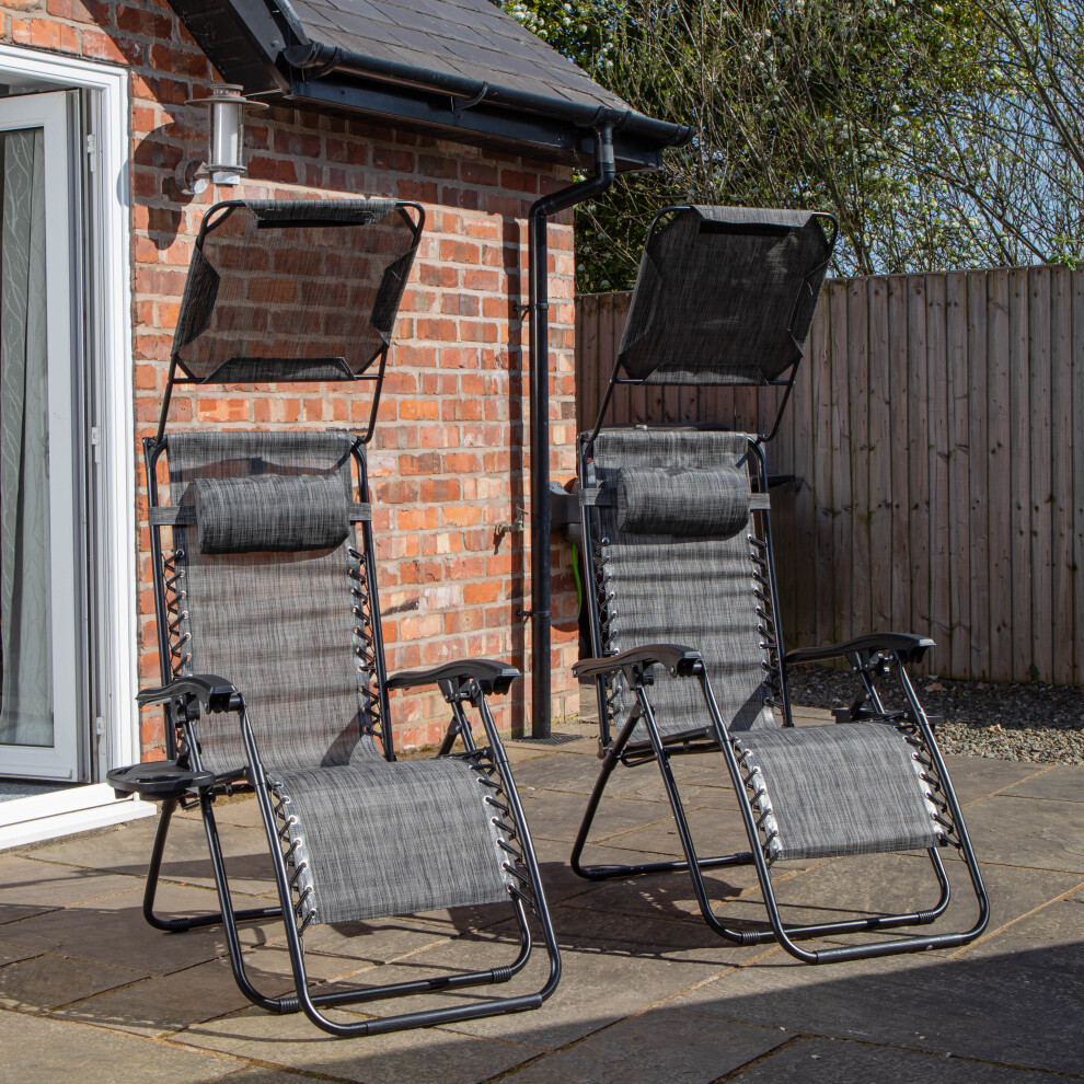 Samuel Alexander Pack Of 2 Multi-Position Garden Gravity Relaxer Chair Sun Loungers With Sun Canopy In Grey