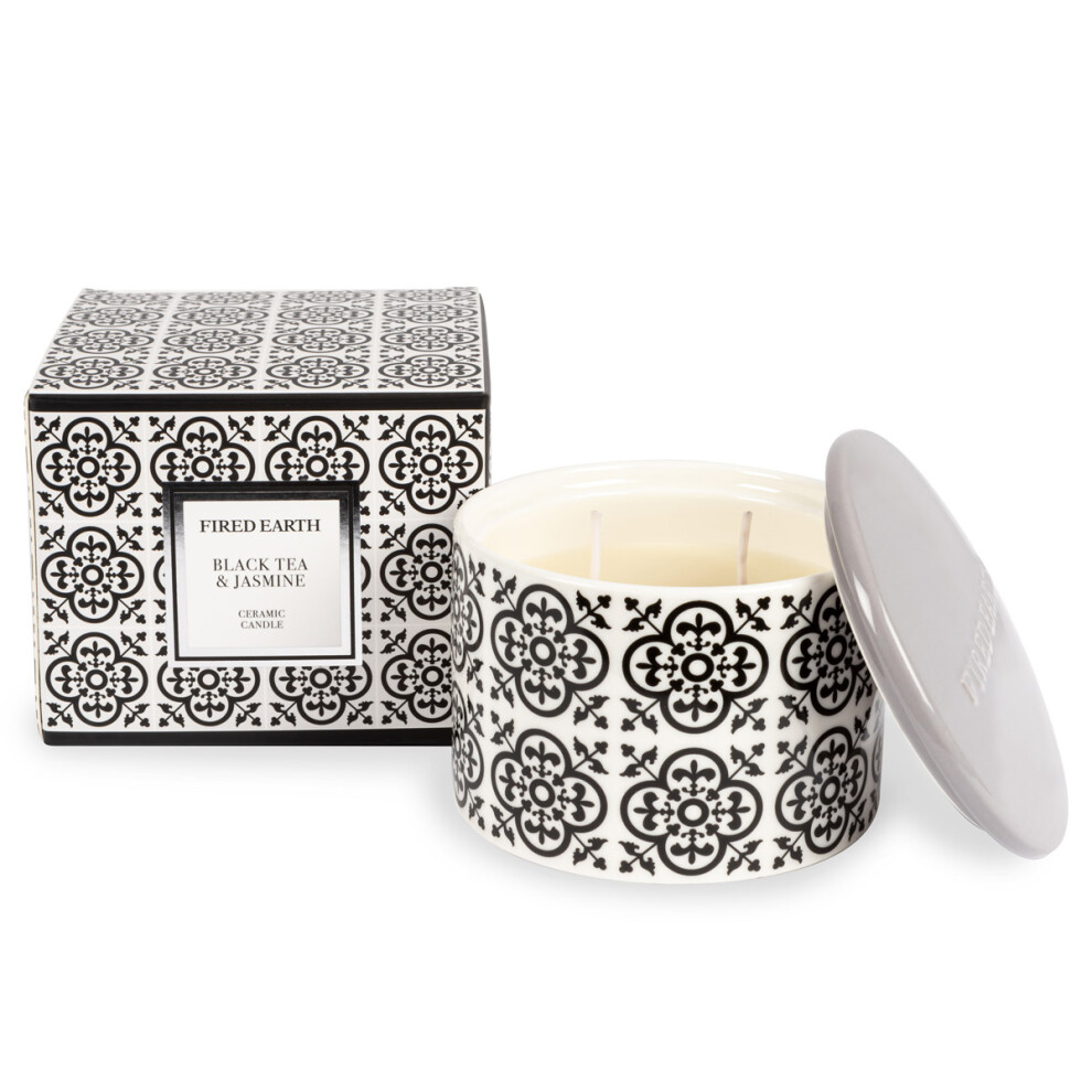 Wax Lyrical Fired Earth Small Ceramic Candle, Black Tea and Jasmine, Up to 17 Hour Burn time