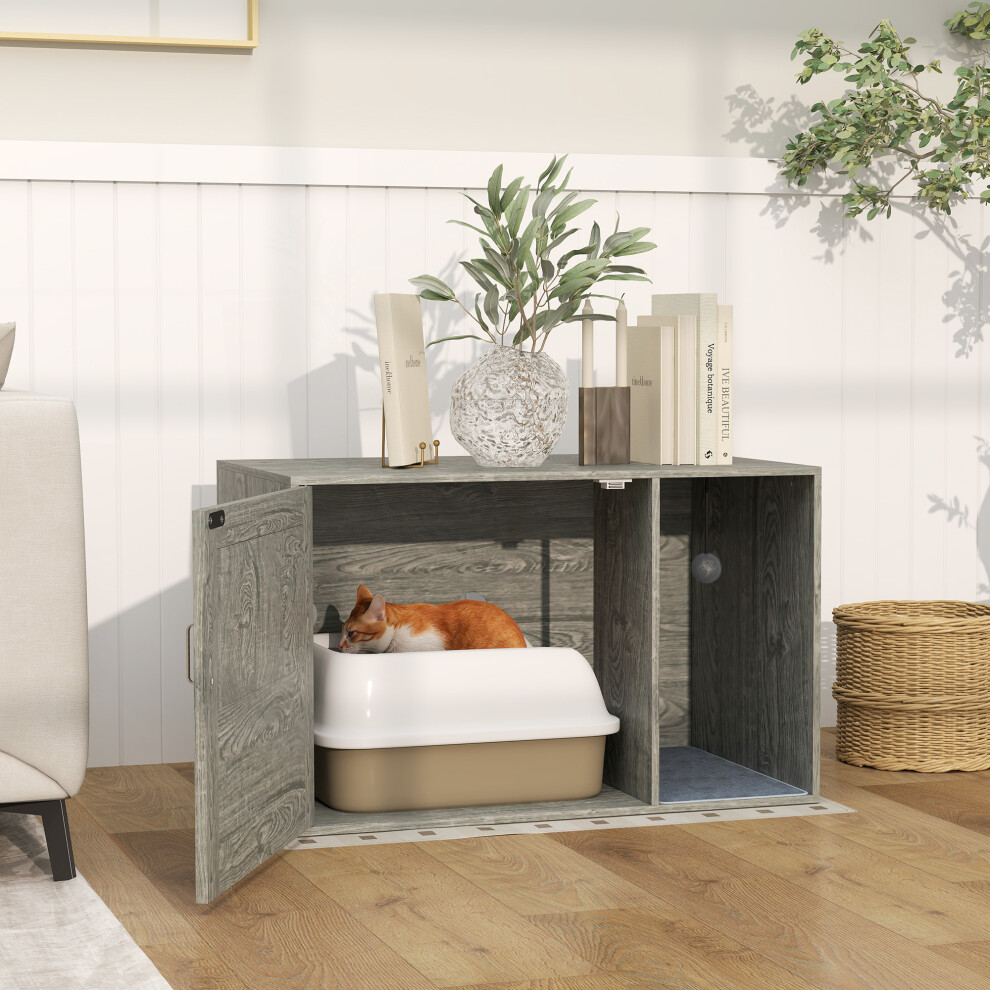 PawHut Cat Litter Box Enclosure with Rattan Door, Scratching Mat