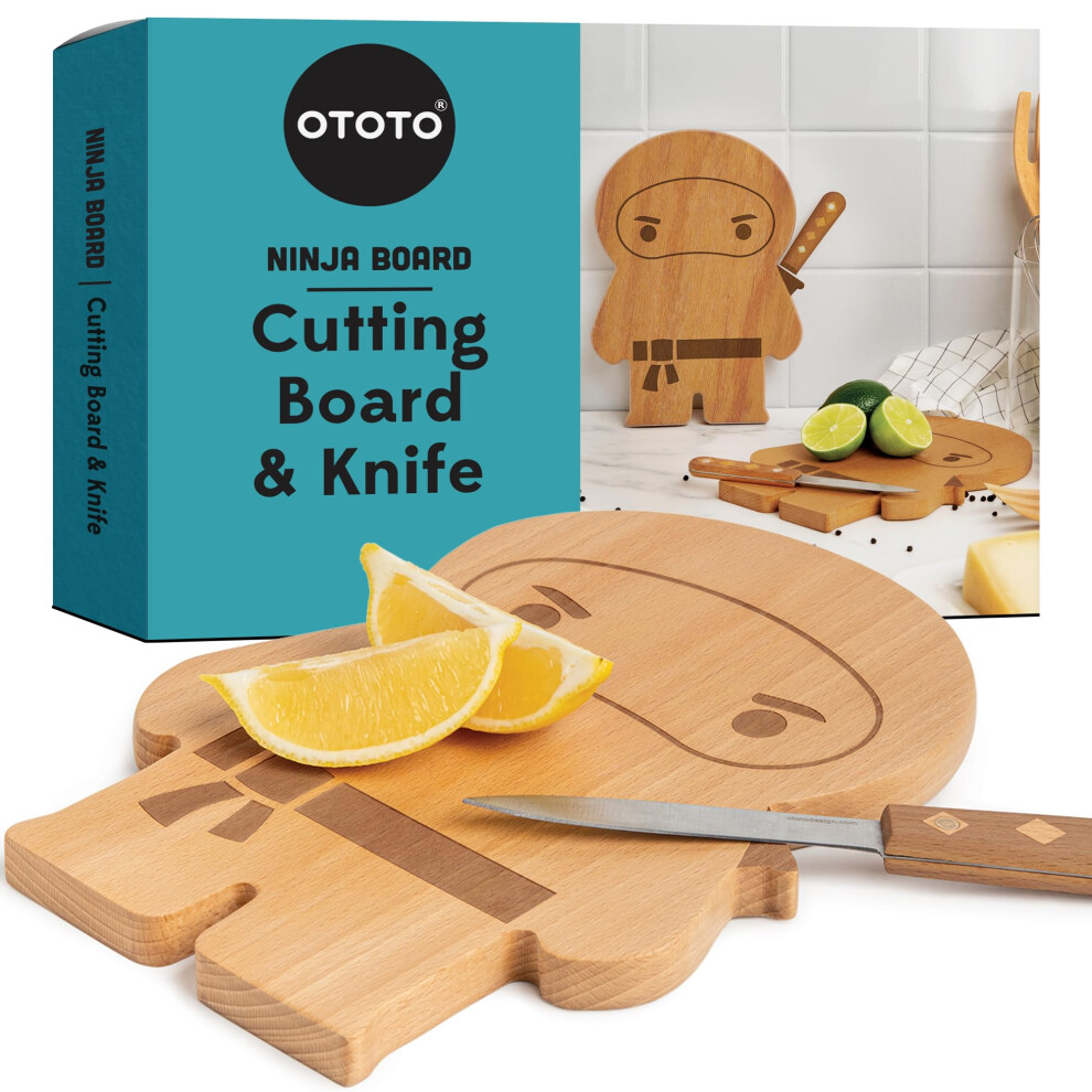 New!!! OTOTO - Ninja Board - Small Wood Cutting Board and Knife Set - Kitchen Gift for Chopping Fruits and Vegetables; Board Made of Wood and Knife of