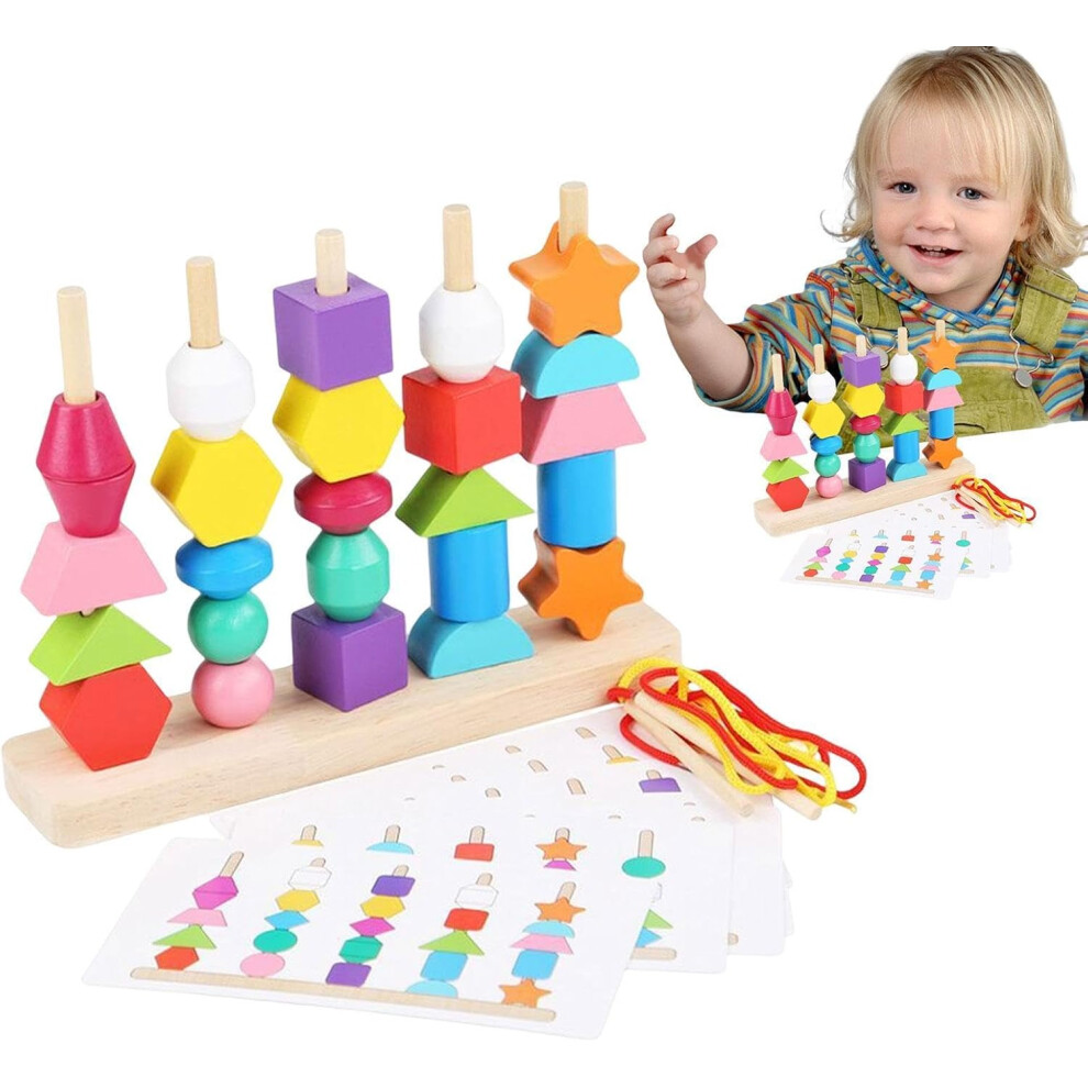 Matching Shape Stacker - Wooden Lacing Beads Funny Kids Matching Game - Educational Shape Sorter Preschool Toys for Children Boys Girls