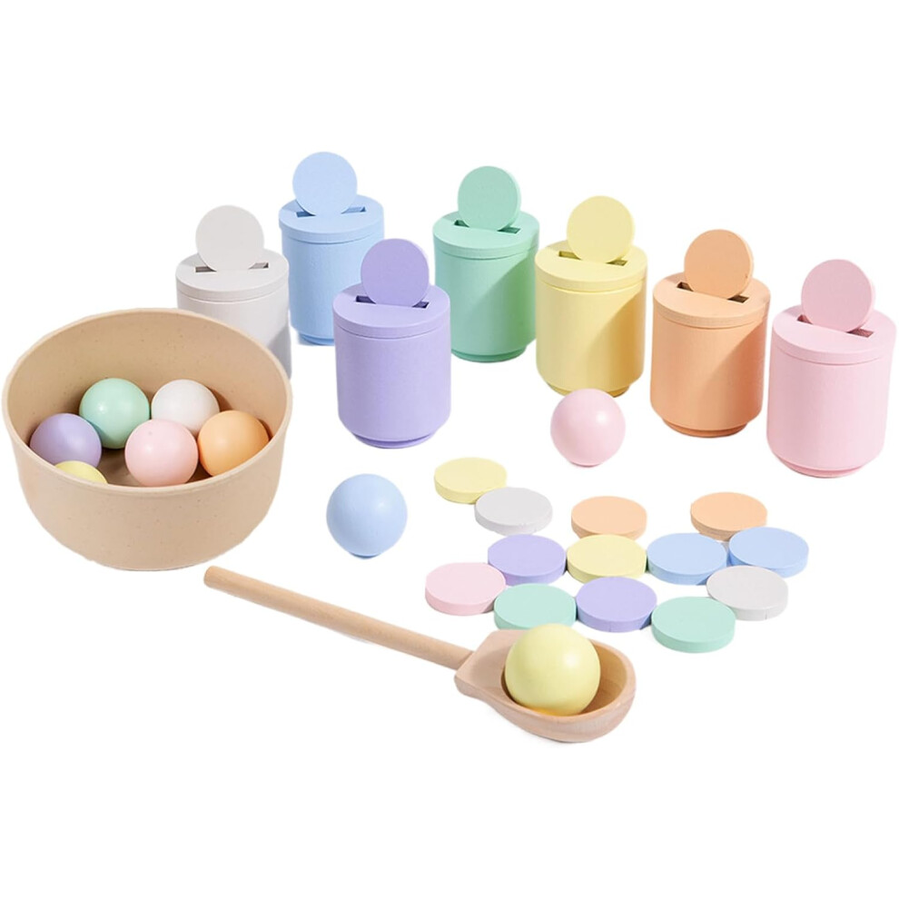 (B) Color Sorting Sensory Toys, Wood Color Matching Toys Educational Sorting Games, Rainbow Balls Cups, Interactive Counting Toddler Games Preschool