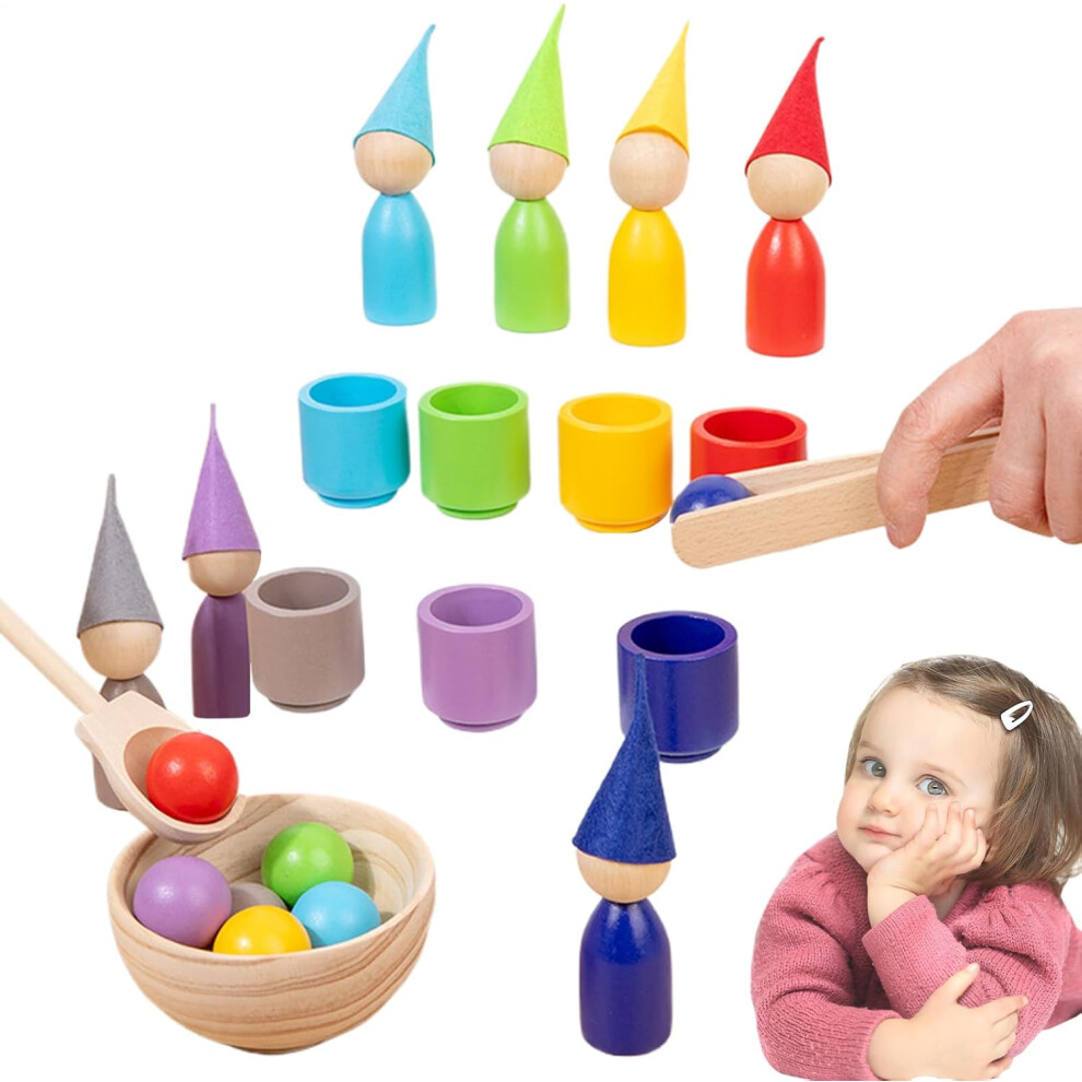 (A) Color Sorting Sensory Toys, Wood Color Matching Toys Educational Sorting Games, Rainbow Balls Cups, Interactive Counting Toddler Games Preschool