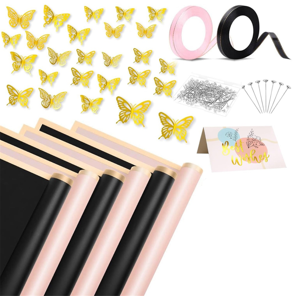 40 Fogli Di Carta Da Regalo Per Fiori, Fogli Di Carta Da Regalo Impermeabile Per Bouquet Floreali Con Bordo Dorato E Nastri E Spilli Per Fiori-image