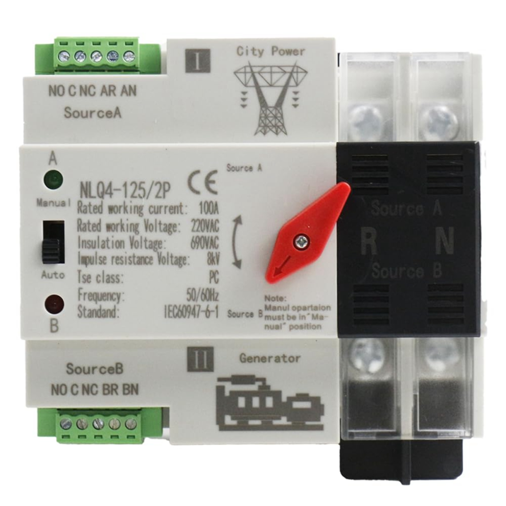 Automatic Transfer Switch 2P 100A Din Rail Mount Dual Power Switch For Generators Electrical Selection Switch Nlq4-2P 4852133104546
