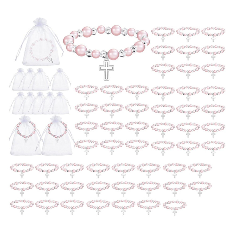 60 Recuerdos De Bautismo Para NiñAs. Incluye 30 Pulseras De Perlas Rosas Con Crucifijo, 30 Bolsas De Organza Y Pulseras EláSticas De Rosario.-image