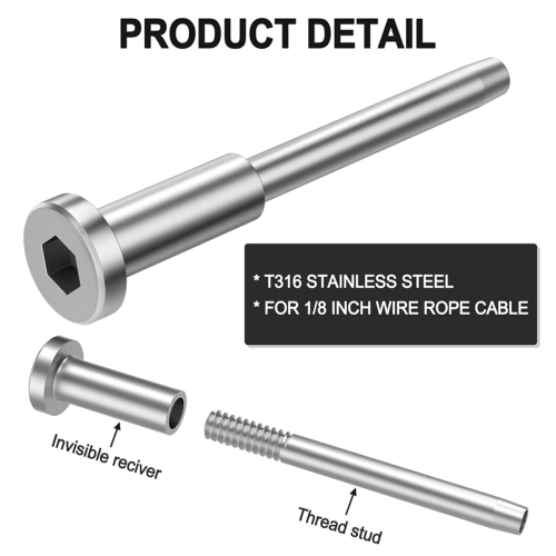 Κιτ κιγκλίδωμα καλωδίων 50 Pack, T316 από ανοξείδωτο ατσάλι 1/8 In Receiver και Swage Stud End για 2
