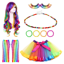 Peruca arco-íris longa e cacheada, saia de tule, luvas, conjunto de vestido para fantasias de cosplay, acessórios para fantasias de dança