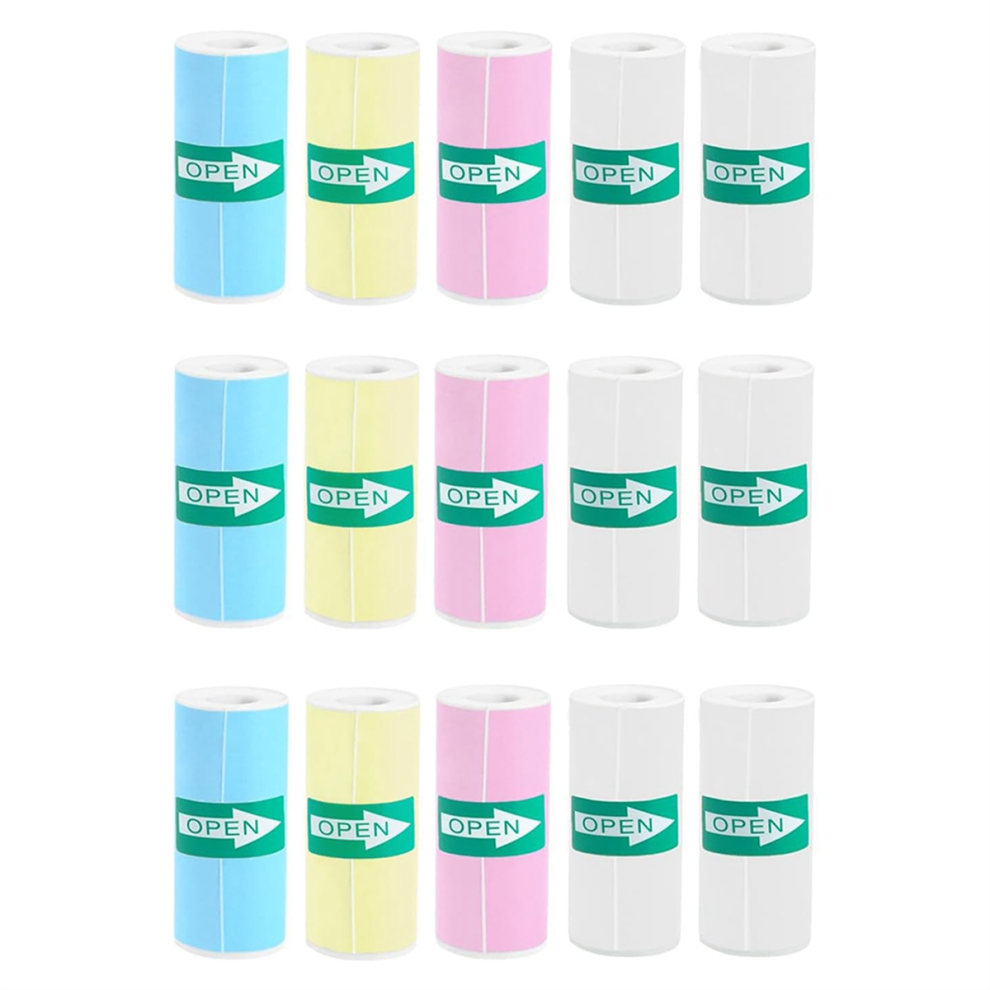 Lot de 15 rouleaux de papier autocollant thermique pour mini-imprimante, 9 autocollants colorés et 6 autocollants blancs