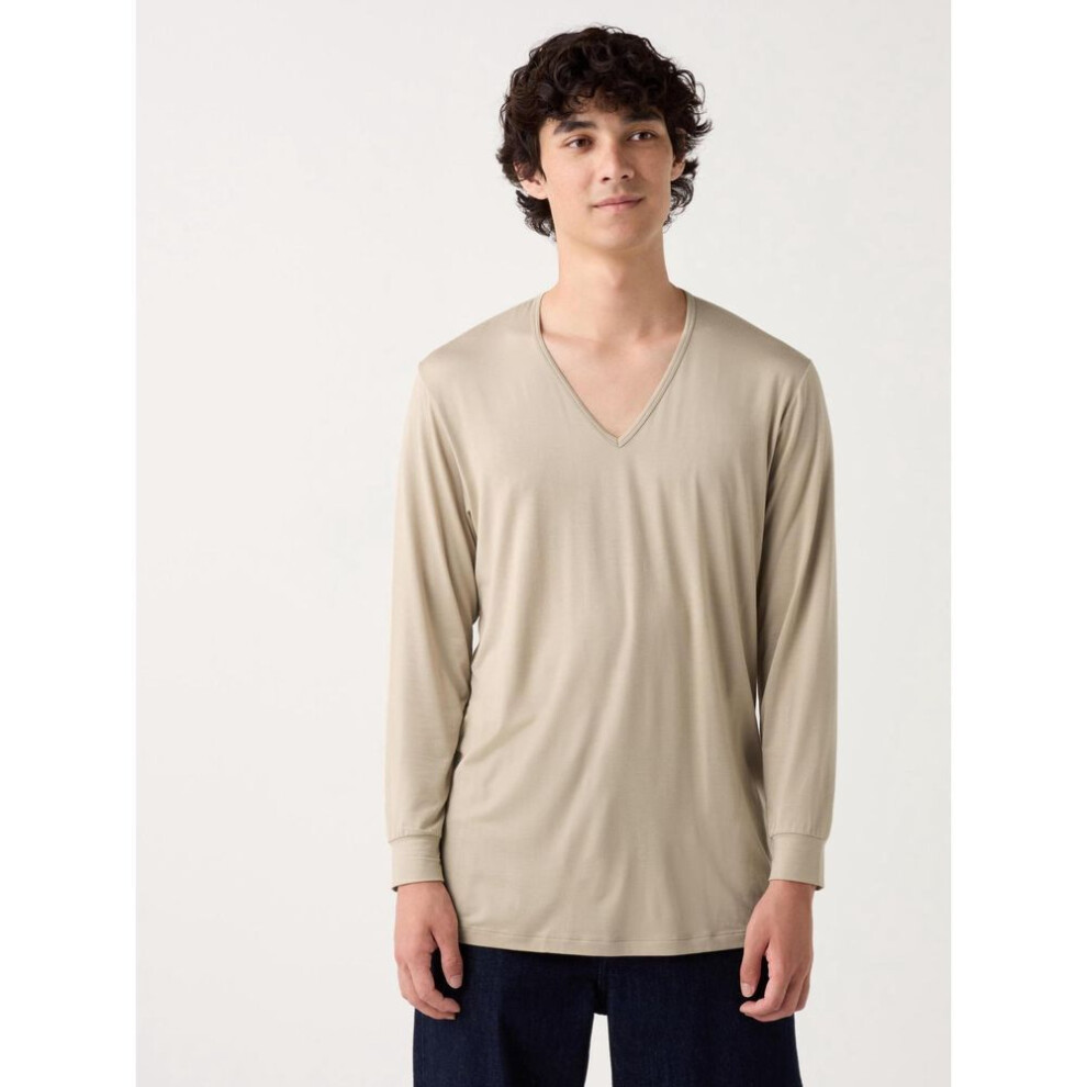 (32 BEIGE/M) Uniqlo Japan Heattech V Neck T  9 4 Sleeves