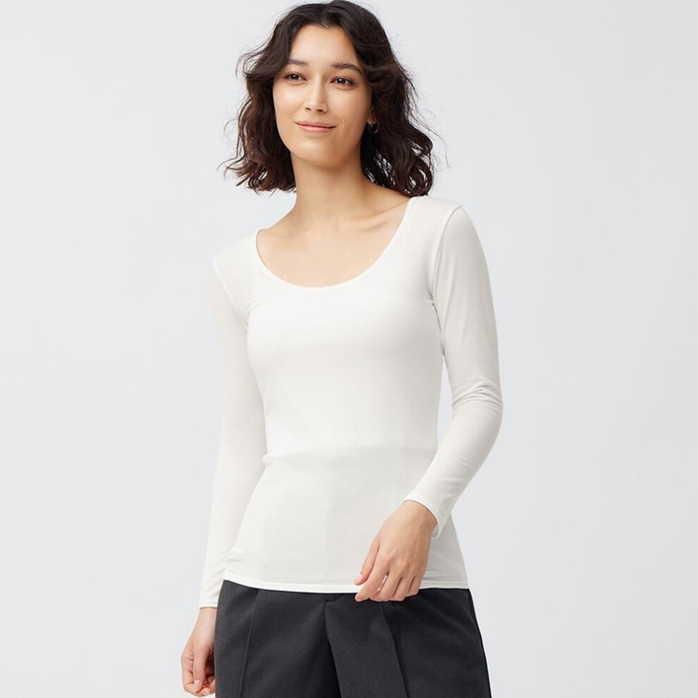 (01 OFF WHITE/XS) Gu Style Heat U Neck T  8 4 Sleeve
