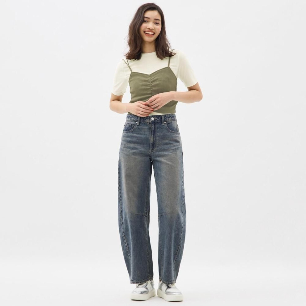 (67 BLUE/M) Gu By Uniqlo Barrel Leg Jeans  Standard Length 71.0 To 75.0 Cm