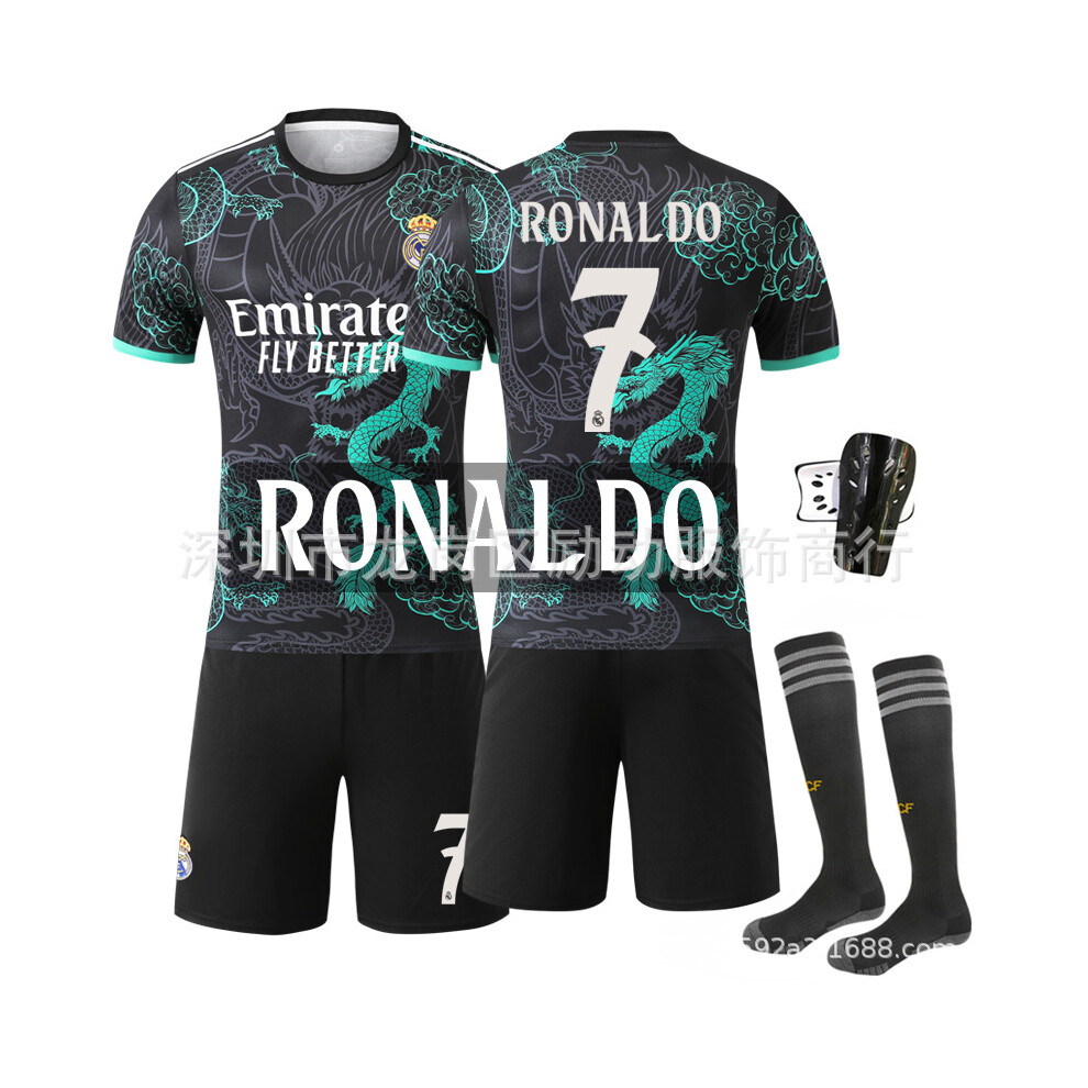 (No. 7 Ronaldo with socks + protective gear, #twenty two) 2025-26 Mens/Kids Soccer Jersey Black-Green 9 Mbappé, 5 Bellingham & 7 Ronaldo Special Dragon Football Jerseys Set