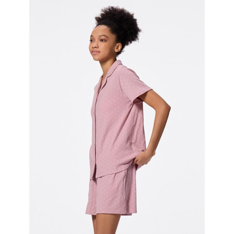 (12 PINK/S) Gu By Uniqlo Cotton Blend Ribbed Pyjamas  Short Sleeve   Heart