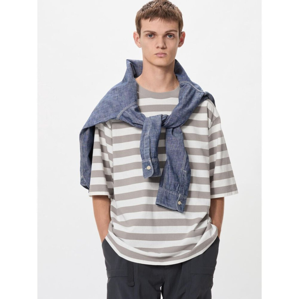 (03 GRAY/4XL) Uniqlo Japan Oversized Striped T Shirt