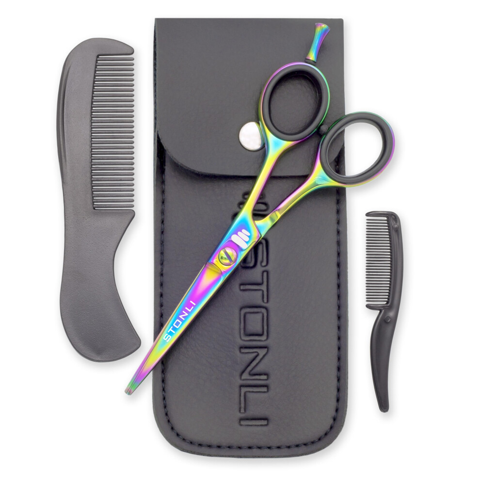 Stonli 5" Beard And Moustache Scissors With Comb & Pouch - Small Hairdressing Scissors - Nose, Ear & Eyebrows Hair Scissors (Iridescent)