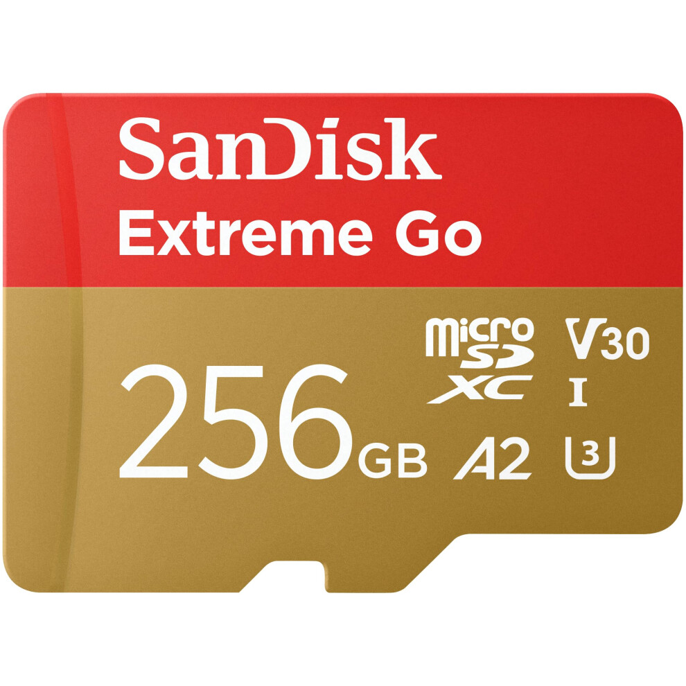 256GB Extreme Go micro SDXC card + SD adapter, (For Android Devices, Gaming Consoles, Drones, Action Cams, UHS-I, up to 200 MB/s, V30, 5K, 4K, UHD,