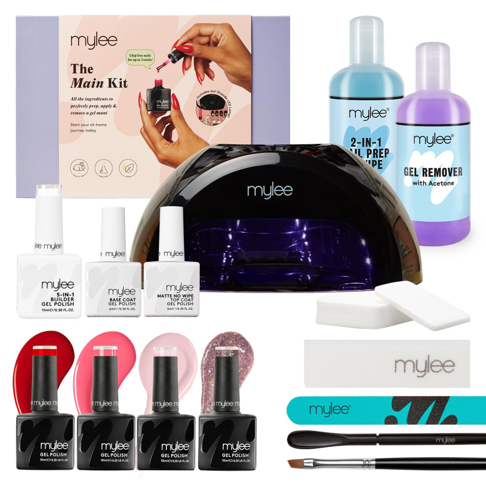 Main Kit, Professional Nail Art Gel Nail Polish Set Including: Grande LED Nail Lamp, Top & Base Coat, 4x Gel Polish Colours, 5-in-1 Builder Gel, Prep