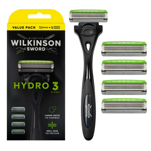 - Hydro 3 Razor For Men Carbon Coated Blades Hydrating Gel & Skin Guards Razor Handle plus 5 Blades