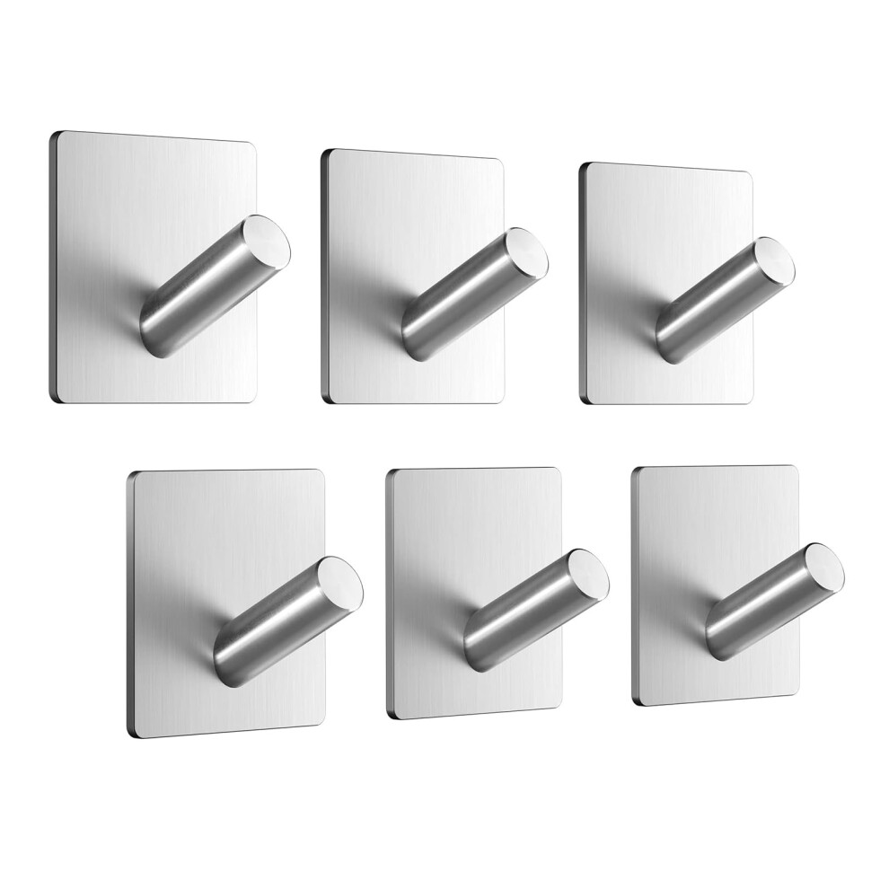 Self Adhesive Hooks - Set of 6, Stainless Steel - Strong Sticky Hooks for Hanging Towels, Bathroom Towel Hooks, Tea Towel Hooks, Stick on Hooks