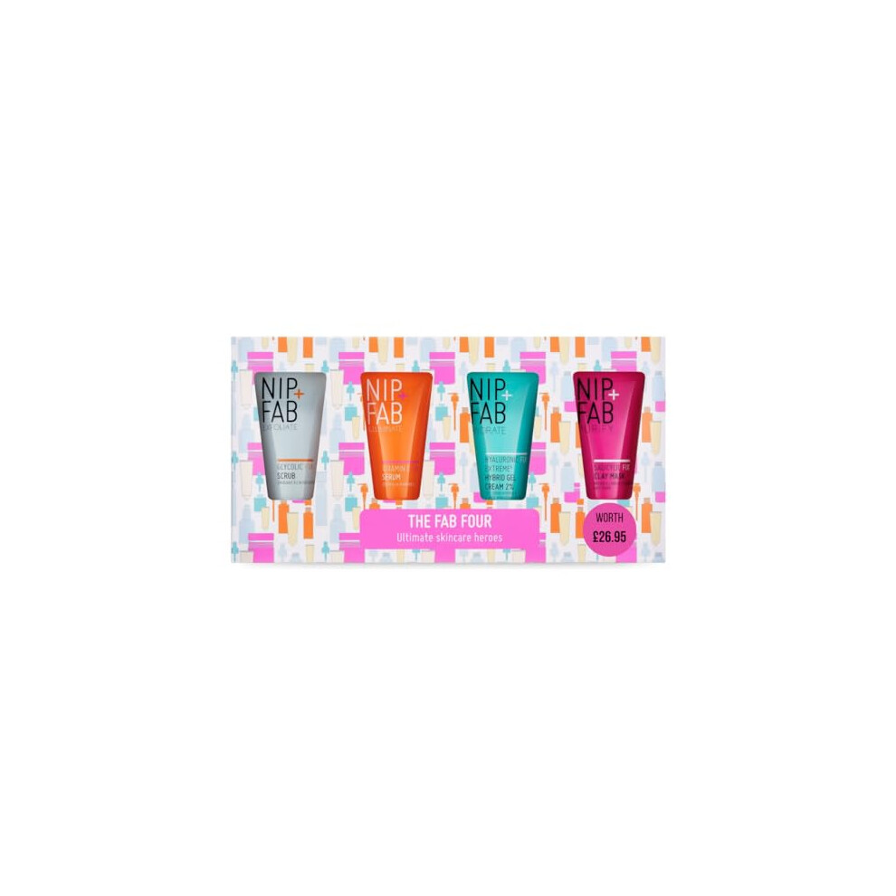 Nip + Fab The Fab Four Gift Set, Includes Bestselling Glycolic Scrub, Vitamin C Serum, Hyaluronic Hybrid Gel Cream and Salicylic Clay Mask, Perfect