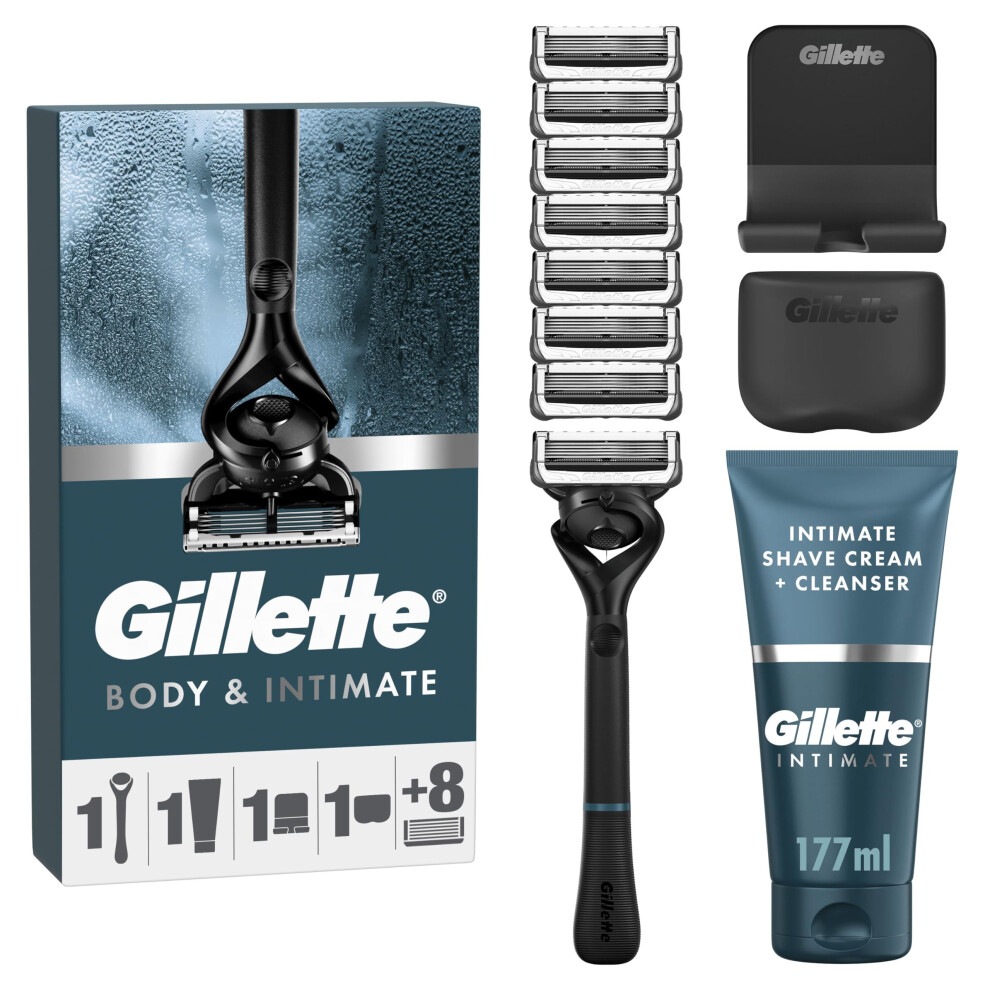 Body & Intimate Men's Razor Set – Pubic Hair & Ball Shaver, 8 Razor Blade Refills + 2in1 Shave Cream & Cleanser, Below-the-Waist Grooming,