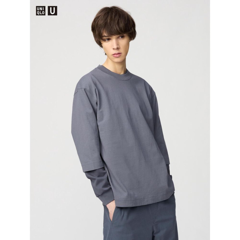 (07 GRAY/XXL) Uniqlo Japan Crew Neck T Shirt 3 4 Sleeve