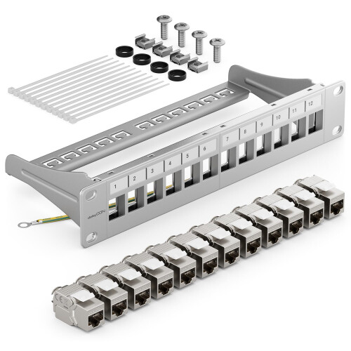 12 Port CAT7 Patch Panel Set Patch Panel Distribution Panel Modular 1 U 10 Inch Rack Mounting + 12x CAT 7 Keystone Module RJ45 LAN Network 10 Gbit/s 1