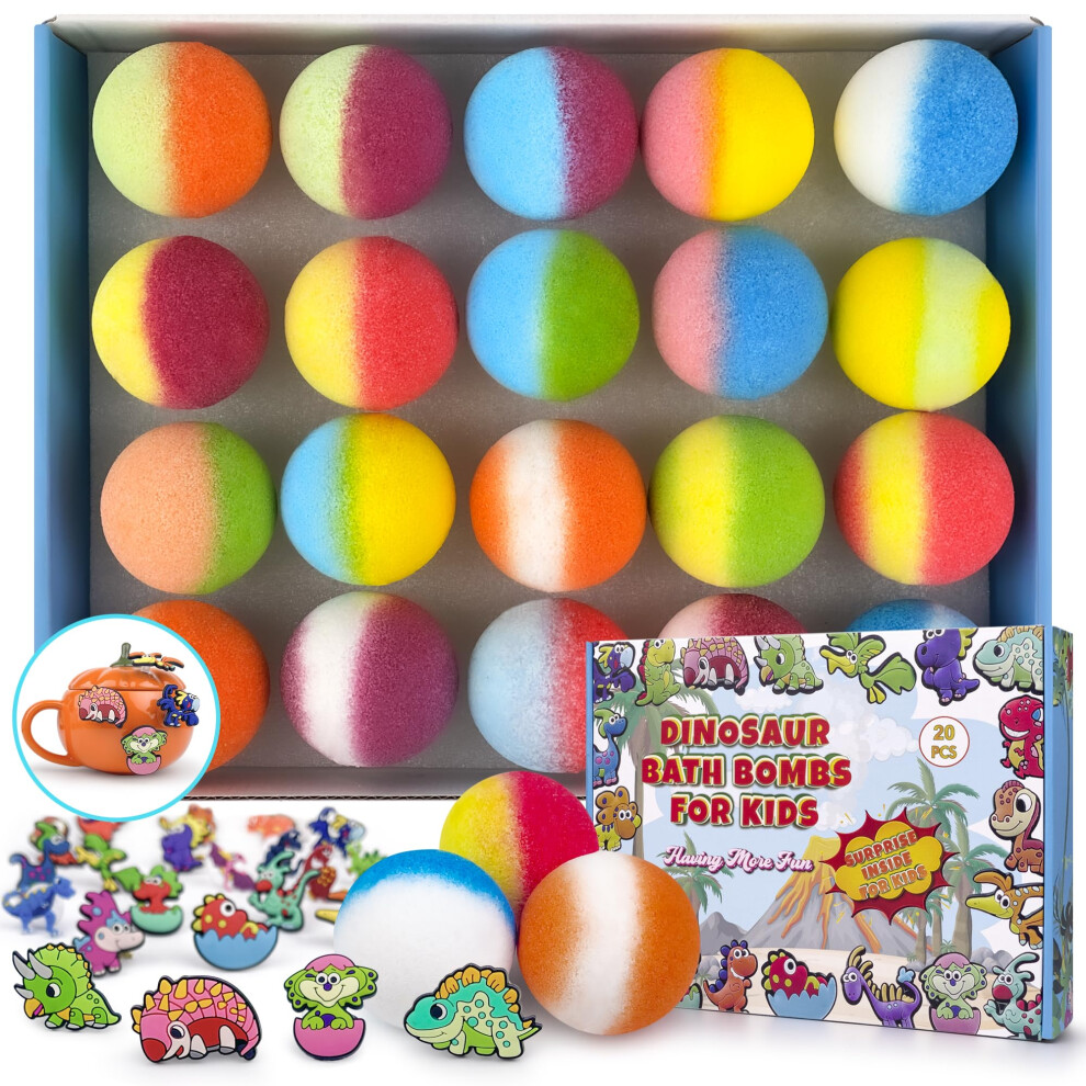 Pickmora Bath Bombs For Kids, 20Pcs Bath Bombs With Dinosaur Suction Toys Inside, Colorful Bubble Fizzy Bath Bombs For Toddlers, Natural Organic Bath Bombs For