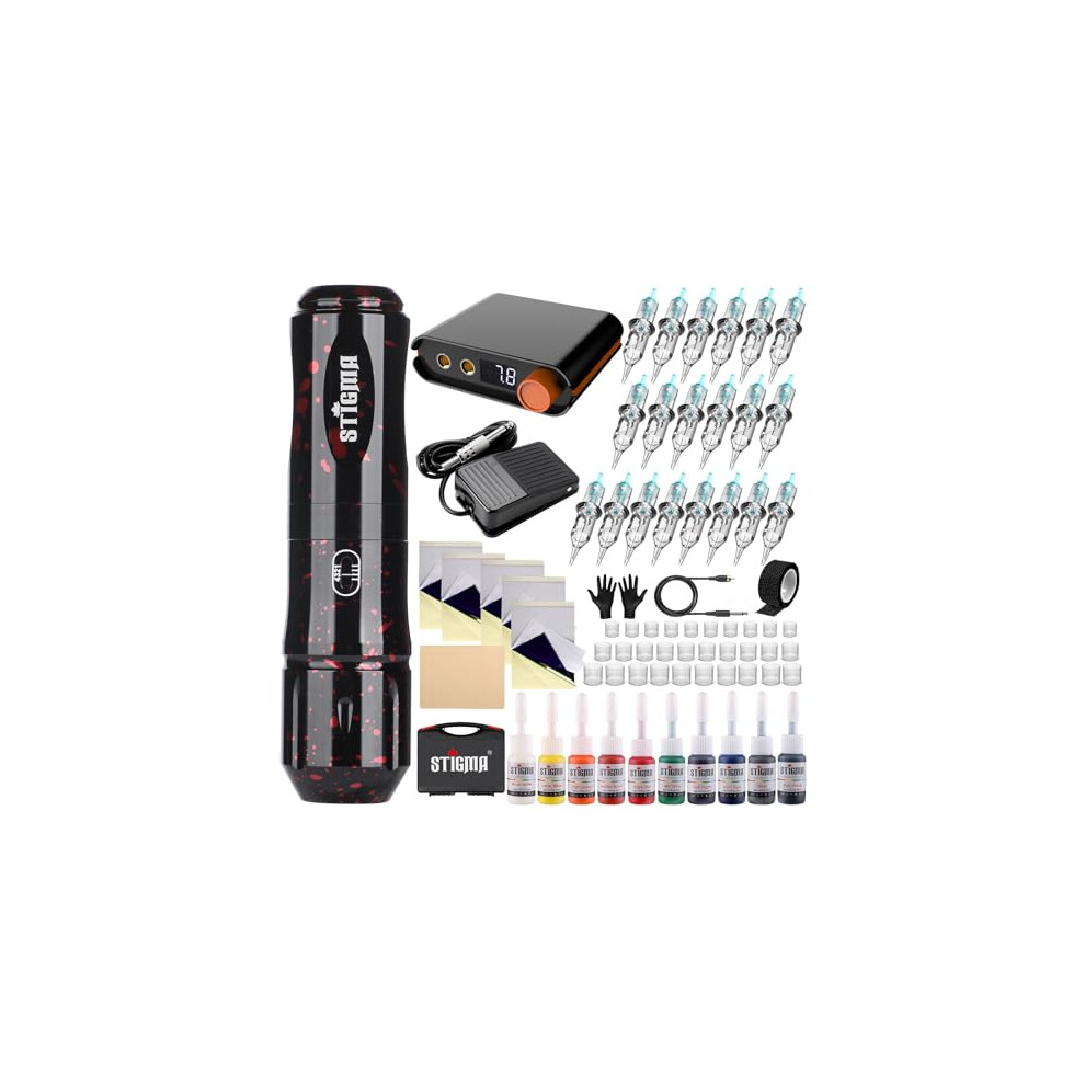Stigma Tattoo Rotary Machine Kit Complete Tattoo Pen With 20Pcs Cartridges Needles Digital Display Power Supply Tattoo Kit With Plastic Box For Beginners And