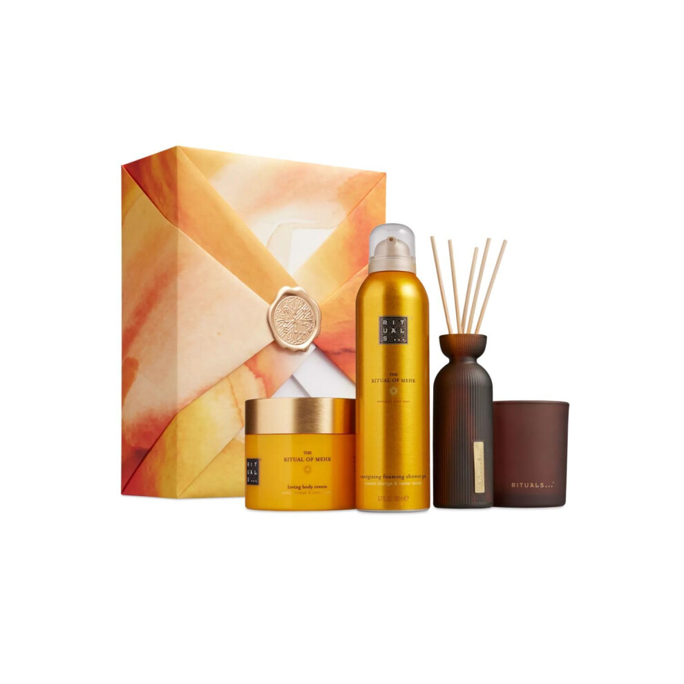 Gift Set The Ritual of Mehr L - 4 Home and Skincare Products Enriched with Sweet Orange and Cedar Wood - Bath Gift Box with Energising Properties