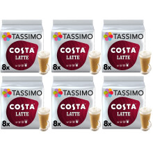 Tassimo Costa Latte Coffee Pods 16 discs, 8 servings (Pack of 6, Total 96 discs, 48 Drinks)