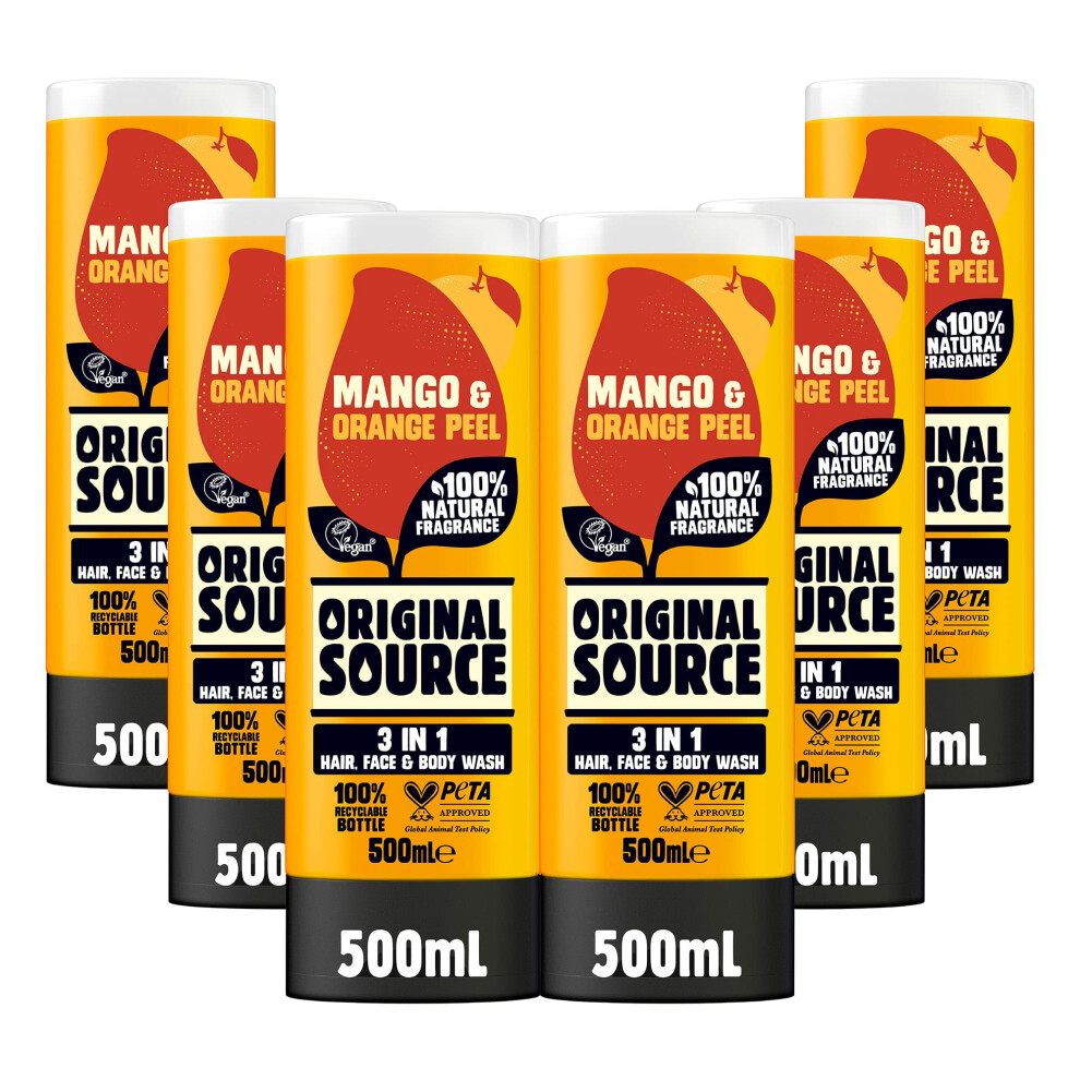 Mens 3in1 Mango & Orange Peel Shower Gel, 100 Percent Natural Fragrance, Vegan, Cruelty Free, Paraben Free, Bulk Buy, Pack of 6 x 500 ml