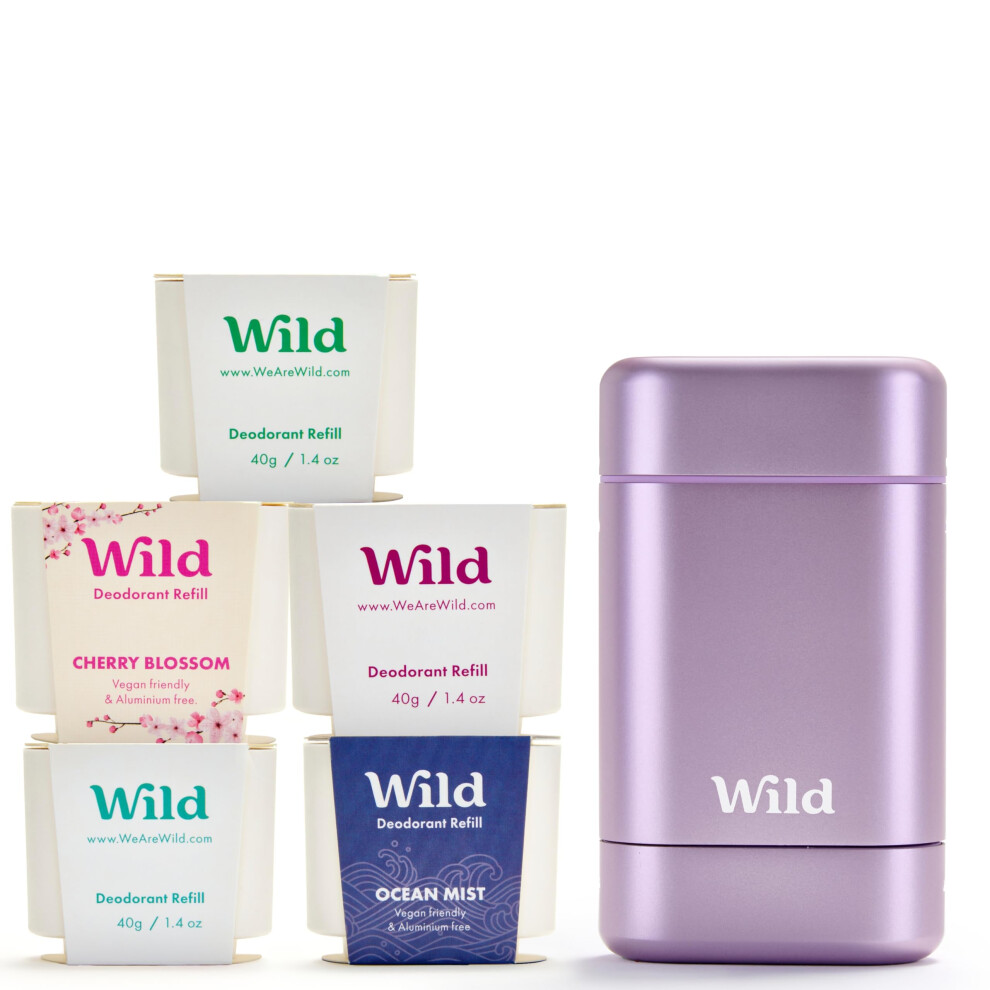Wild - The Full Monty Starter Kit - Purple Case With Refills In A Variety Of Clean Scents 5 X 40G - Refillable Deodorant & Aluminium Free - Long Lasting