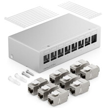 8 Port Patch Panel Set Patch Field Distribution Panel 1HE + 4x RJ45 Keystone Jack Modules STP CAT6a Compatible with CAT5 CAT6 CAT7 Installation Cable