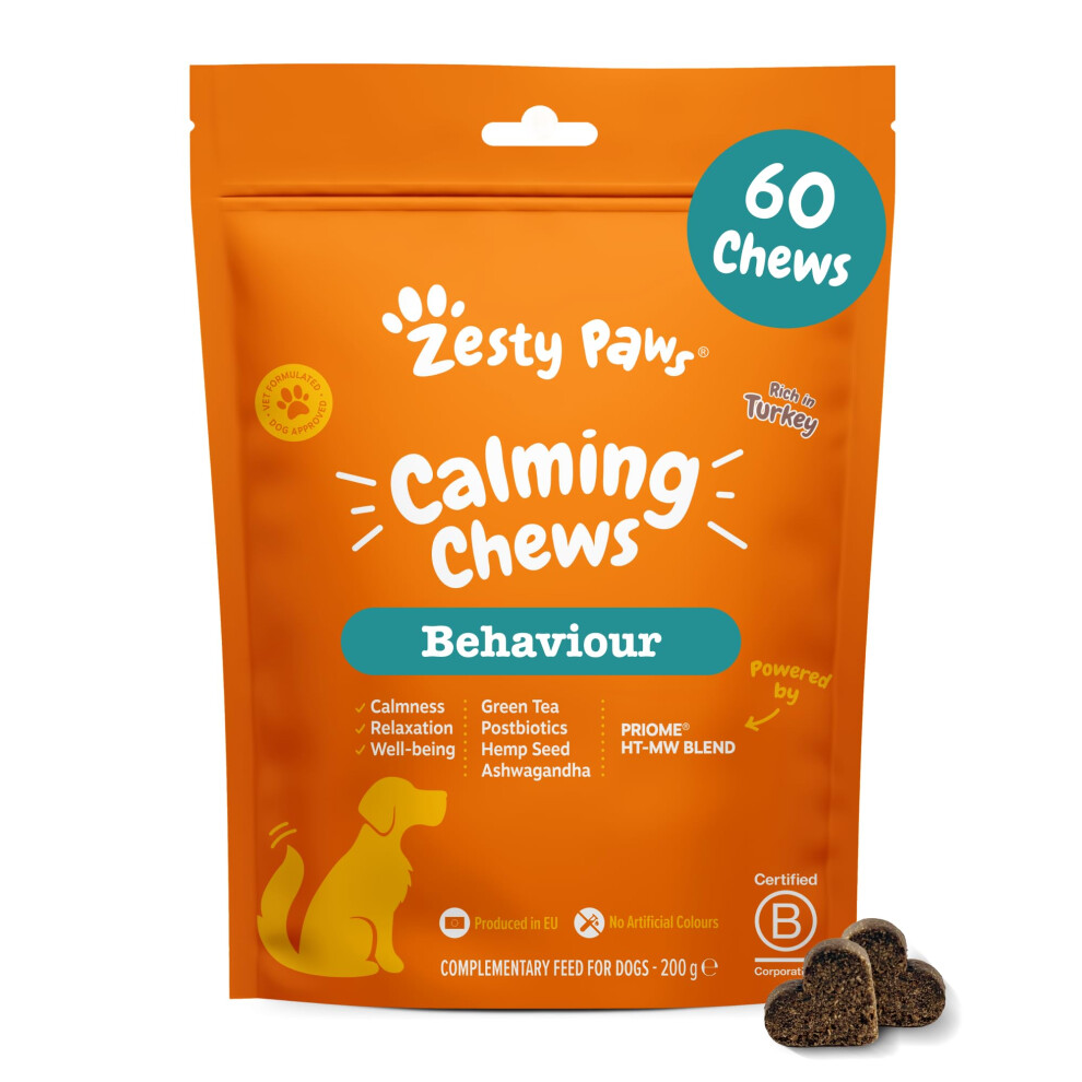 Zesty Paws Green Calming Dog Treats | Calming Treats For Dogs |Supports Relaxation, Helps Stress & Separation Anxiety | Ashwagandha, Tea & L-Tryptophan | 60 Pcs