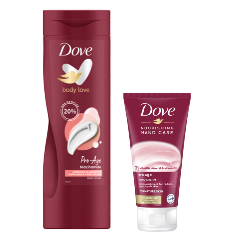 Body Love Pro Age Body Lotion Improves elasticity & suppleness from 1st use & moisturiser for more elastic skin 400 ml & Dove Nourishing Hand Care Pro