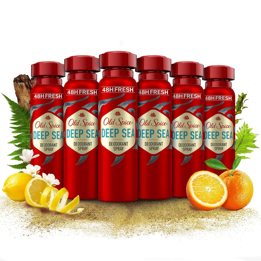 Deep Sea Deodorant Body Spray For Men 150 ml, 48H Fresh, 0 Percent Aluminium Salts, Anti-White Marks and Yellow Stains x6