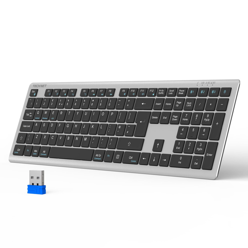 Tecknet Wireless Keyboard, Rechargeable 2.4Ghz Usb Bluetooth Keyboard For 4 Multi Devices, Ultra Slim Full Size Uk Layout Keyboards For Laptop, Computer,