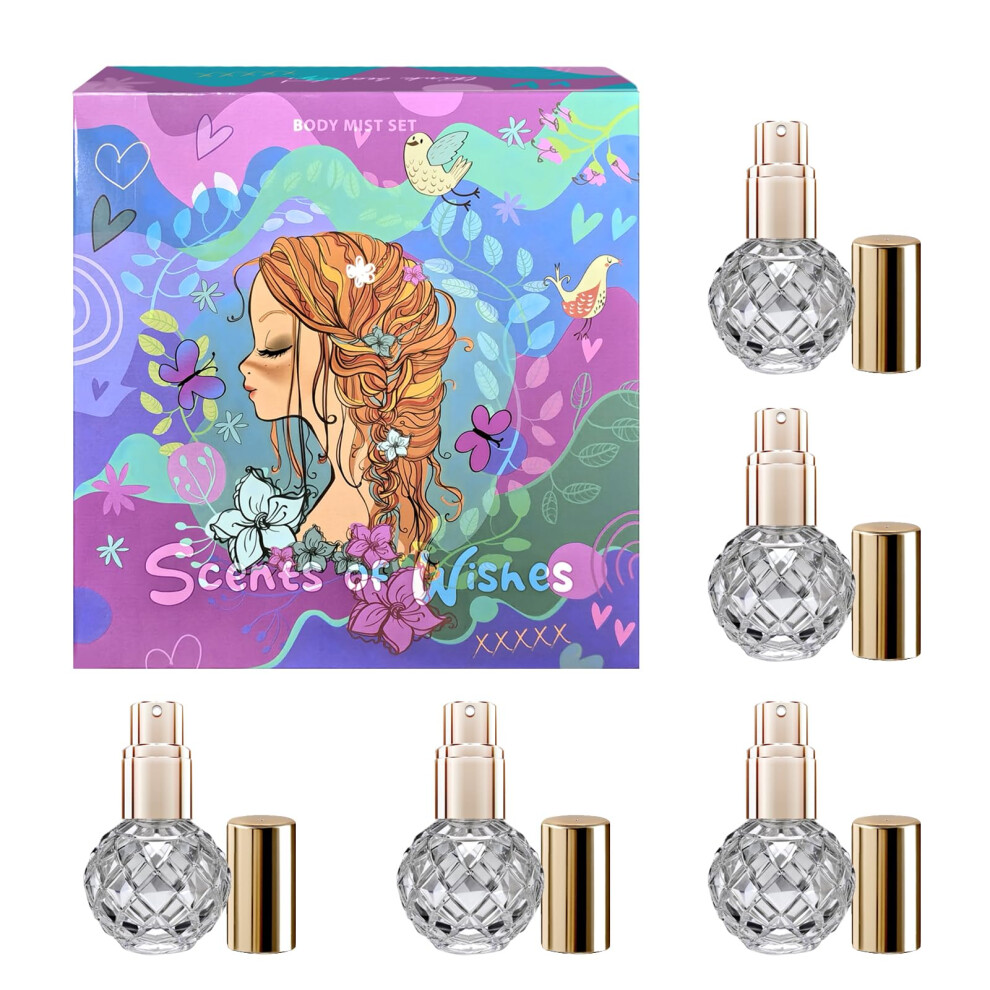 Body Mist Set for Girls Scents of Wishes - 5 Diamond-Shaped Glass Bottles Gold-Toned Finish 5 Exquisite Scents: Peach, Orange, Pineapple, Strawberry,