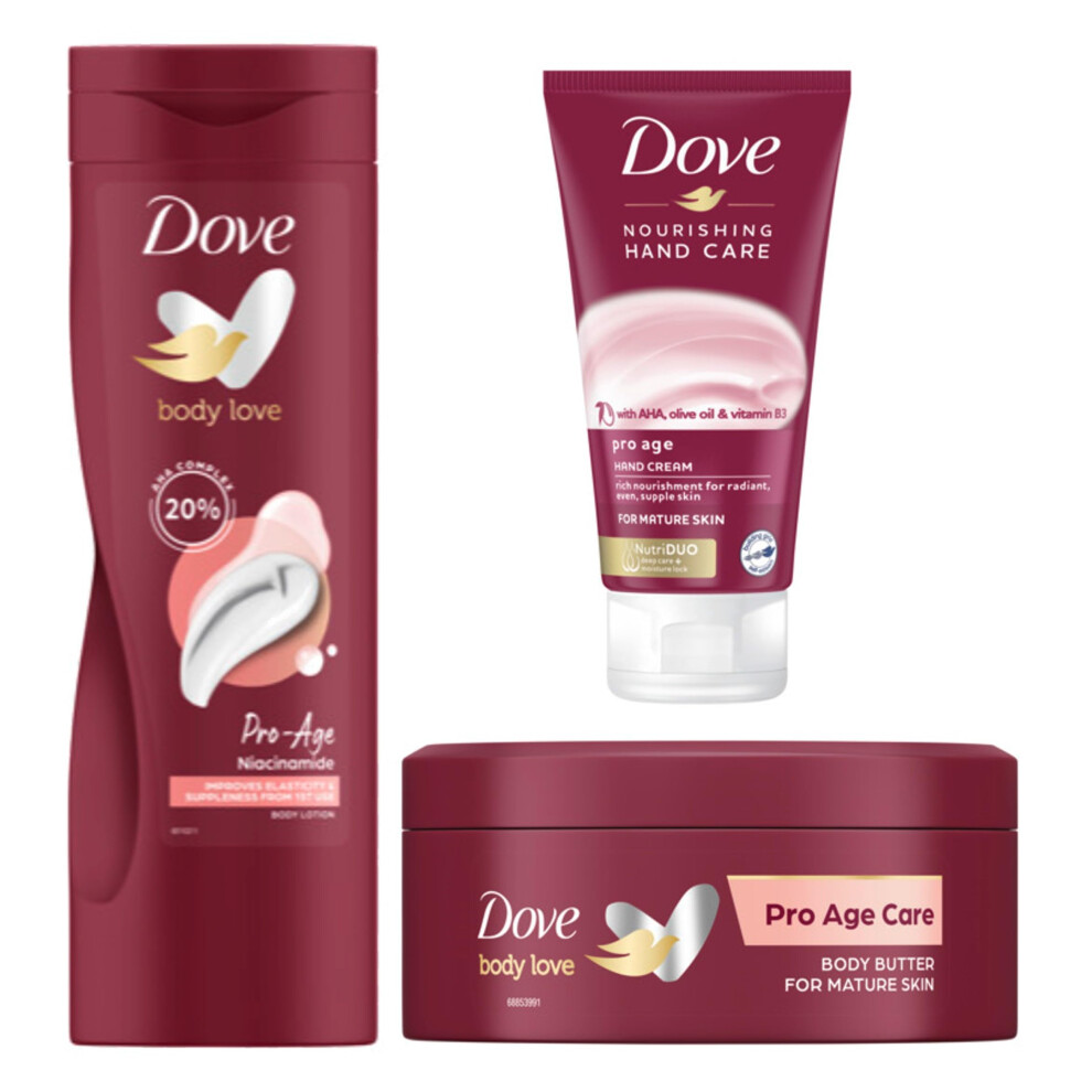 Body Love Pro Age Body Lotion 400 ml + Dove Pro Age Nourishing Body Care moisturiser 250 ml & Dove Nourishing Hand Care Pro Age Hand Cream 75ml